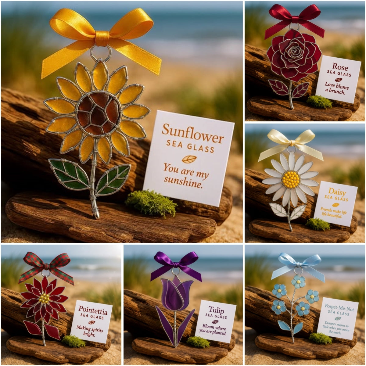 🌲Christmas Gift 50% Off--The "Coastal Blooms" Collection: Handmade Sea Glass Flower Ornaments with Meaning Card