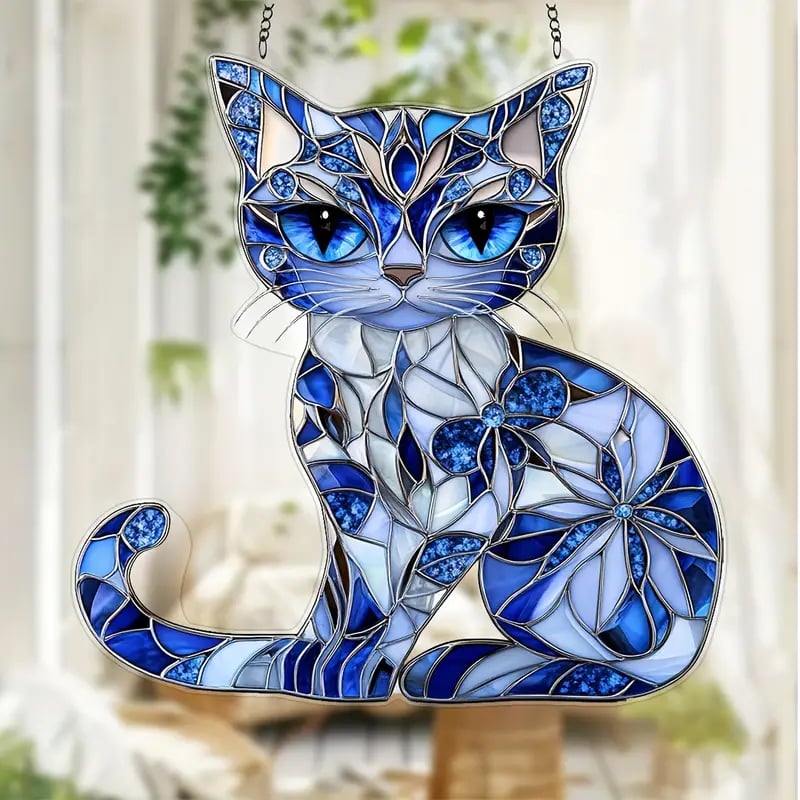🔥🔥New Year--Blue & White Cat Suncatcher Ornament 🐱✨
