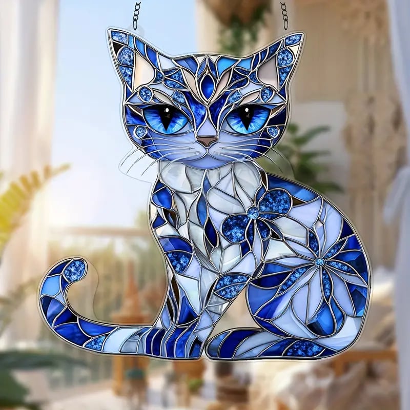 🔥🔥New Year--Blue & White Cat Suncatcher Ornament 🐱✨
