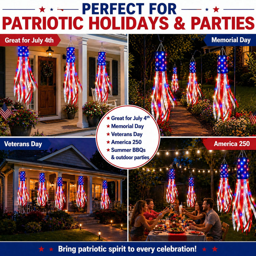 💈💈3 Pack 50 Inch Large American Flag Windsocks with Red White Blue Lights