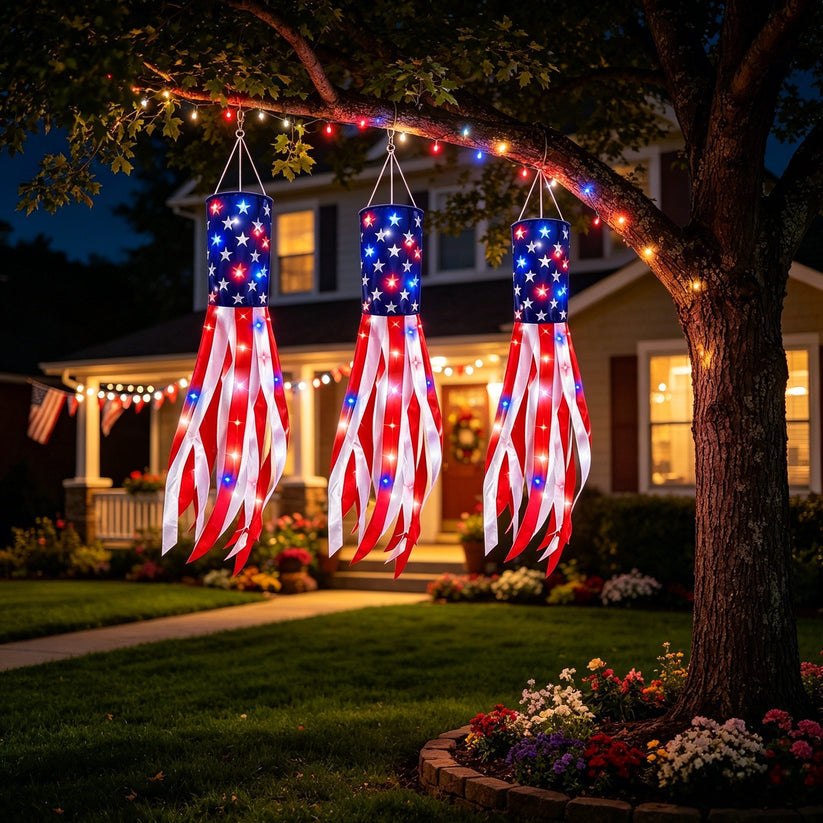 💈💈3 Pack 50 Inch Large American Flag Windsocks with Red White Blue Lights