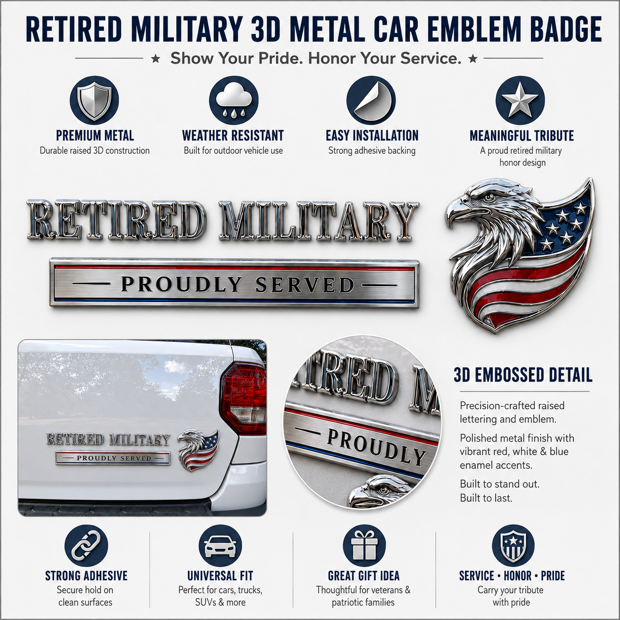 Retired Military Proudly Served Eagle Car Emblem Metal Badge