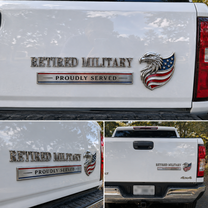 Retired Military Proudly Served Eagle Car Emblem Metal Badge