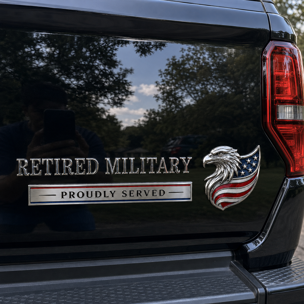 Retired Military Proudly Served Eagle Car Emblem Metal Badge