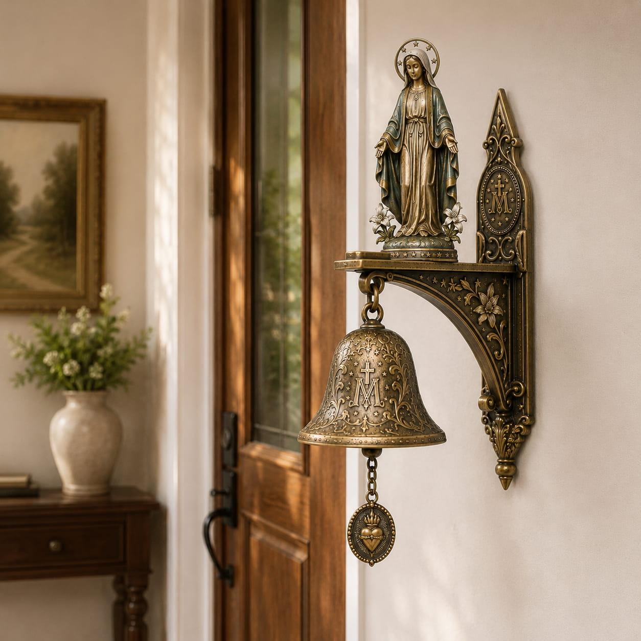 ✨ Our Lady of Grace Bronze Miraculous Medal Wall Bell | 🙏Catholic Religious Home & Garden Decor"