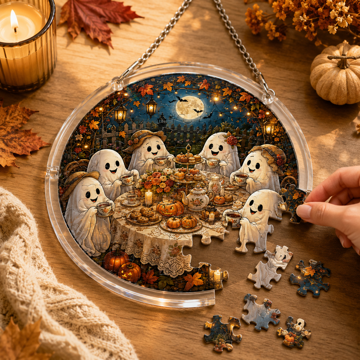 👻👻Halloween Acrylic Jigsaw Puzzle Suncatcher - Gothic Haunted House & Moon