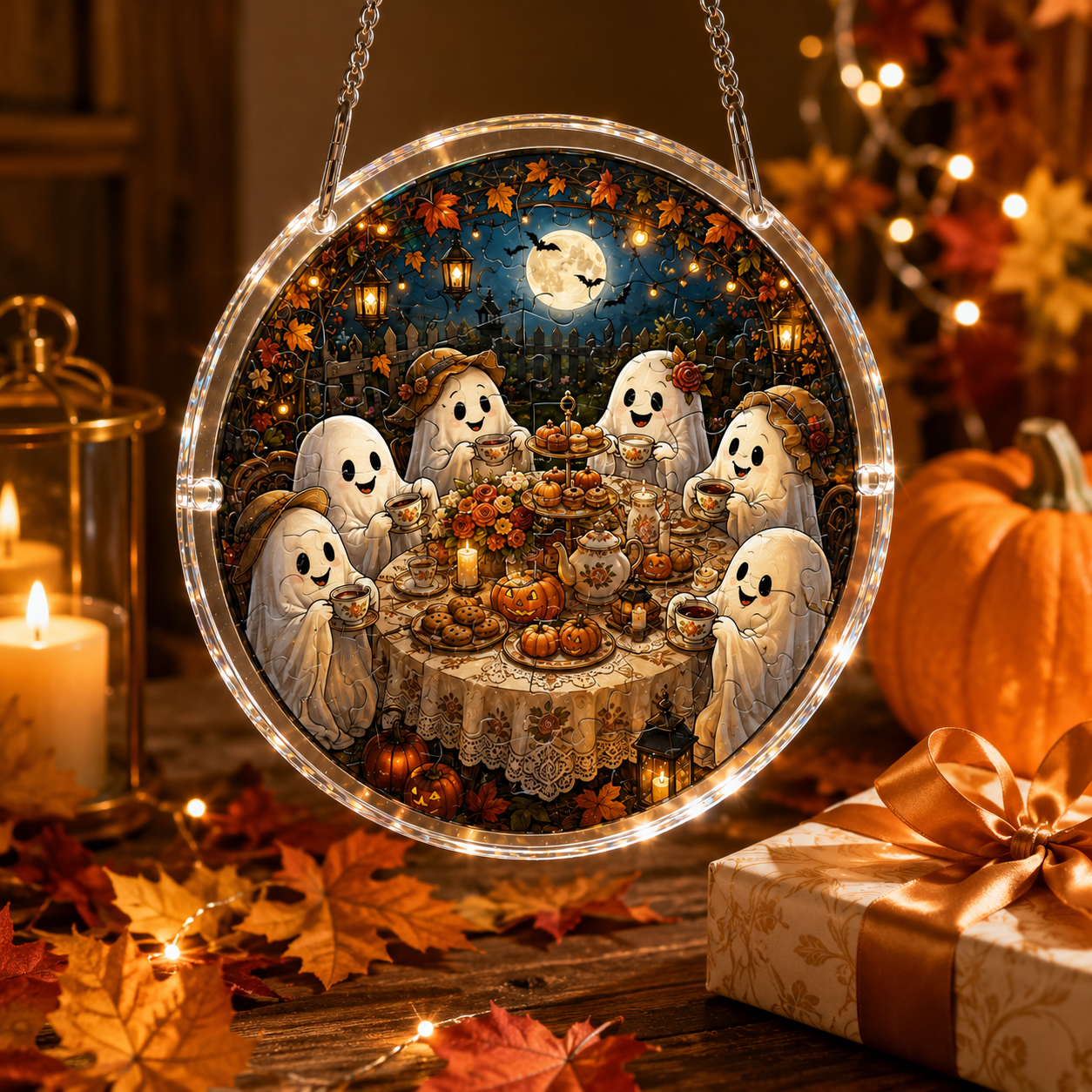 👻👻Halloween Acrylic Jigsaw Puzzle Suncatcher - Gothic Haunted House & Moon