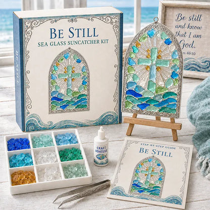 🎅🎅 2026 Christmas Gift 50% Off--“Be Still” Christian Sea Glass Suncatcher DIY Kit – Cross & Ocean Wave Stained Glass Craft, Psalm 46:10 Faith-Inspired Window Décor and Religious Gift