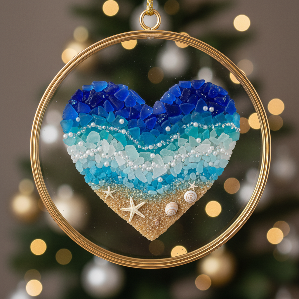 💙🌊 Sea Glass Heart Ornament – Handmade Coastal Christmas Decoration