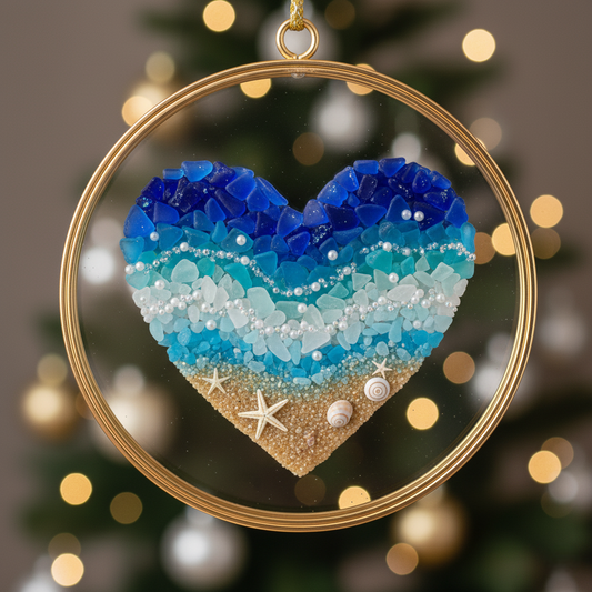 💙🌊 Sea Glass Heart Ornament – Handmade Coastal Christmas Decoration