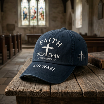Faith Over Fear Christian Custom Name Hat – 2 Corinthians 5:7