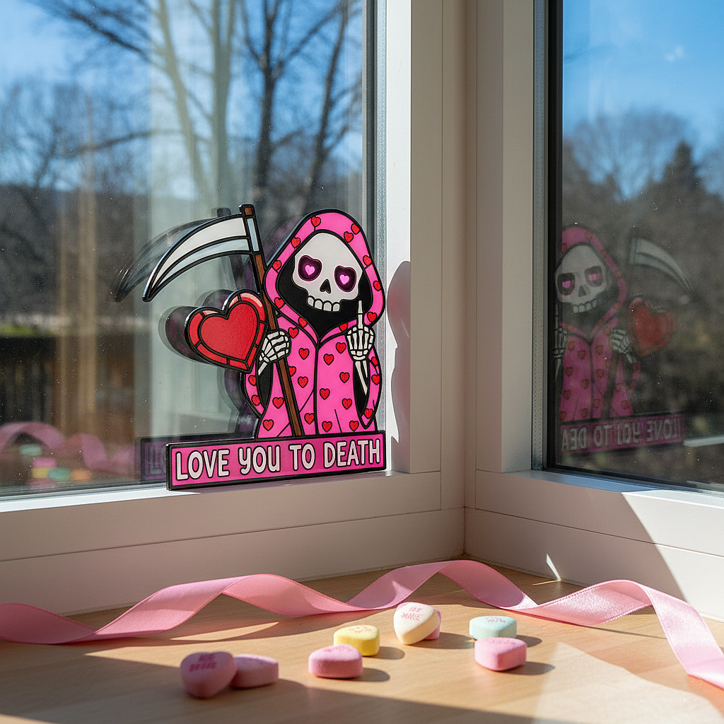 💖Love You To Death Grim Reaper Window Corner Suncatcher | Pastel Goth Valentine's Decor