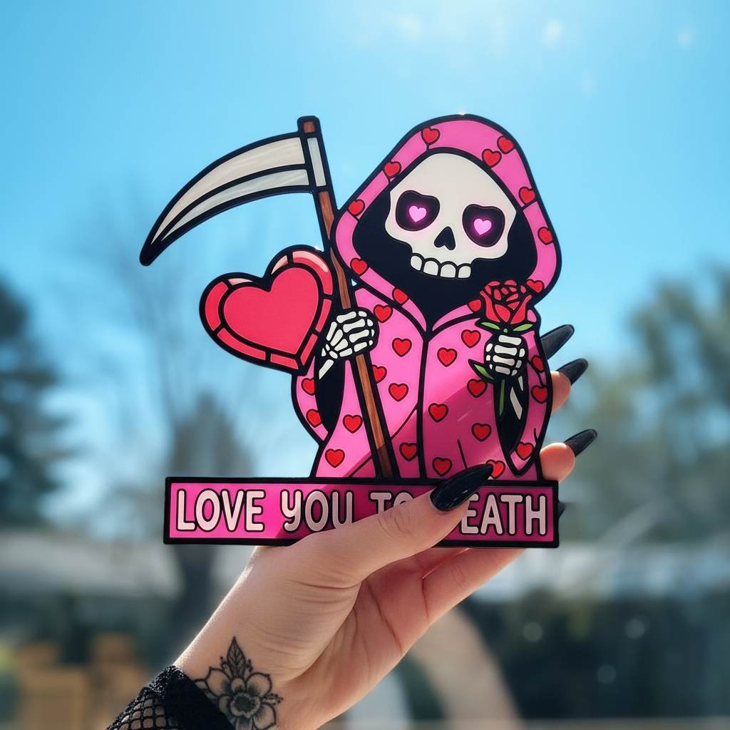 💖Love You To Death Grim Reaper Window Corner Suncatcher | Pastel Goth Valentine's Decor