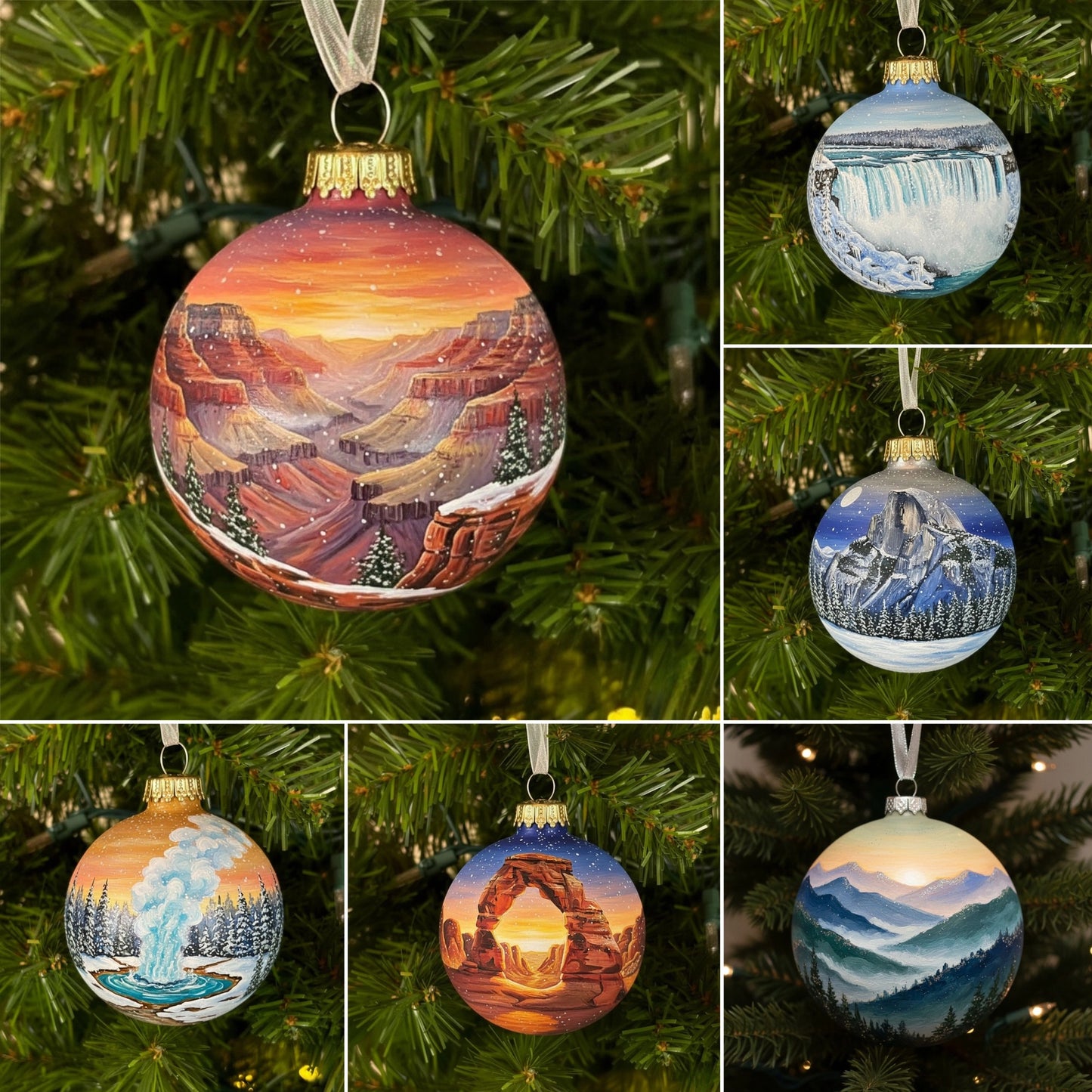 🌎 American Natural Wonders Collection – Hand-Painted Glass Christmas Ornaments
