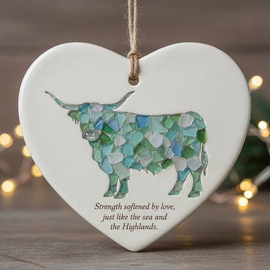 Sea Glass Highland Cow Heart Ornament