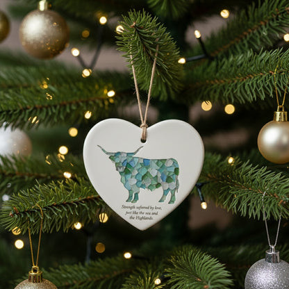Sea Glass Highland Cow Heart Ornament