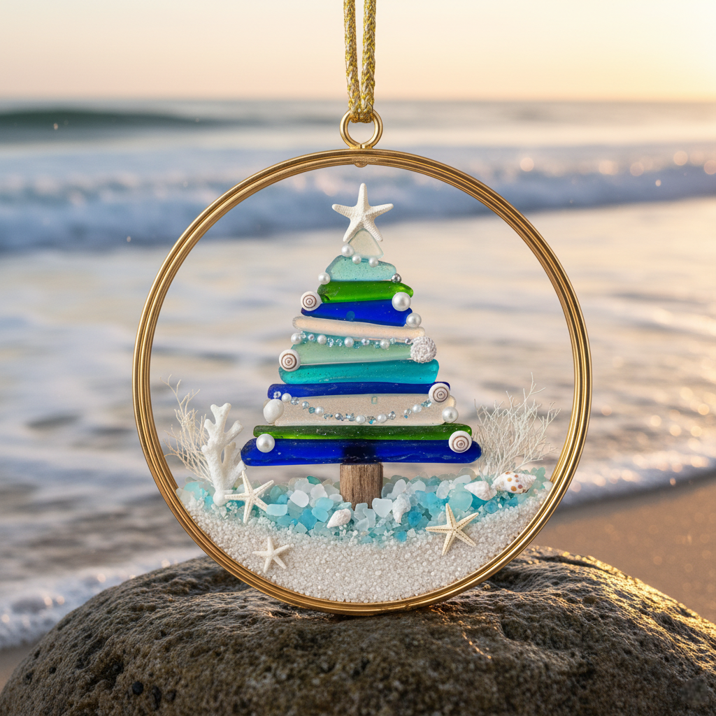 🌊✨ Sea Glass Christmas Tree Ornament – Handmade Coastal Holiday Decor
