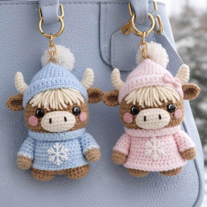 Handmade Highland Cow Couple Keychains - Romantic Crochet Bag Charm