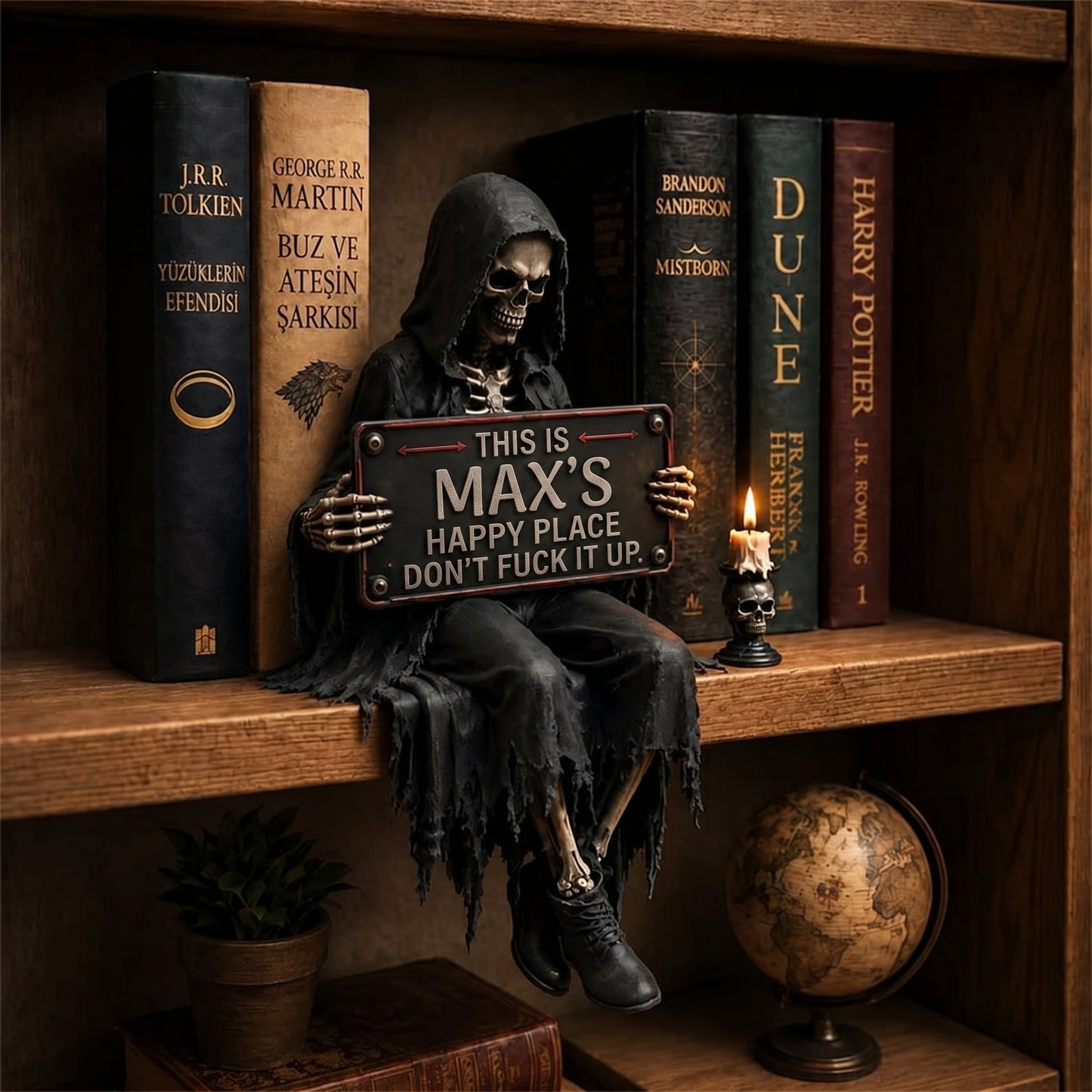 Personalized “Happy Place” Skeleton Bookshelf Decor