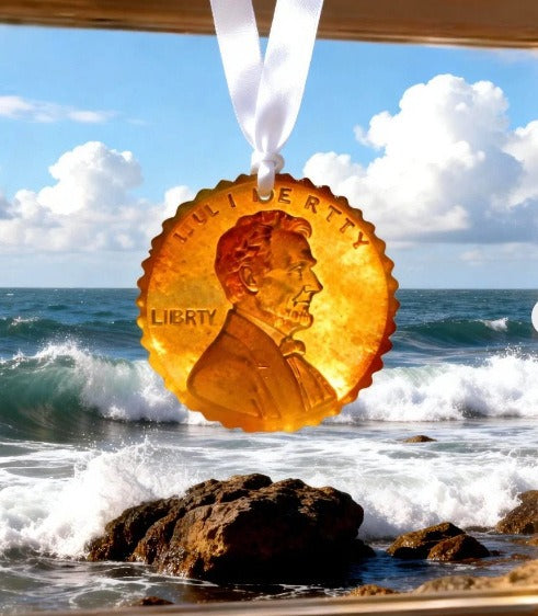 One-cent commemorative coin transparent sea glass pendant