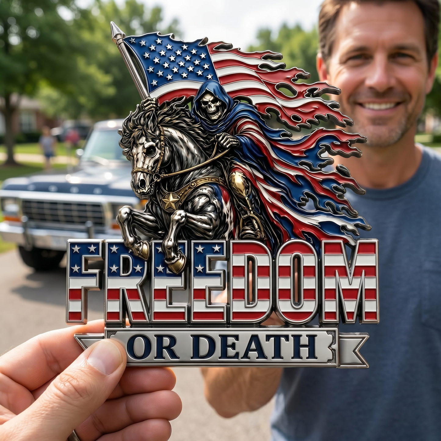 Freedom or Death Metal USA Flag Skeleton Rider Car Emblem
