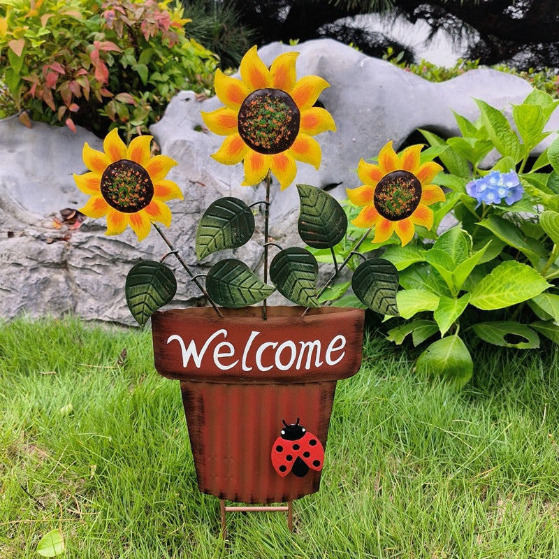 🔥Summer Hot Sale🌻Welcome Flower Pot Metal Garden Decor, Hangable & Stakeable Yard Art