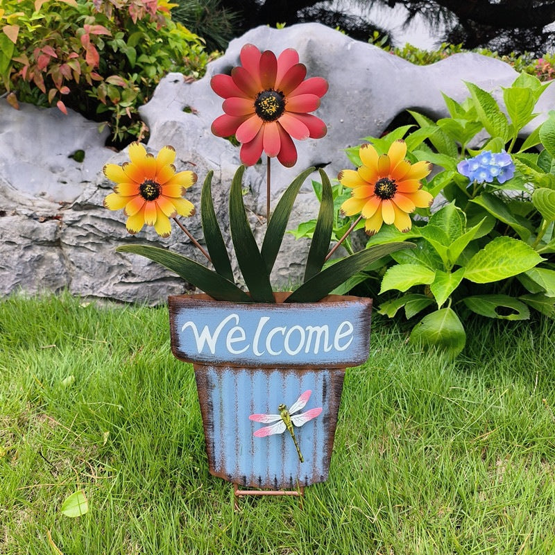 🔥Summer Hot Sale🌻Welcome Flower Pot Metal Garden Decor, Hangable & Stakeable Yard Art