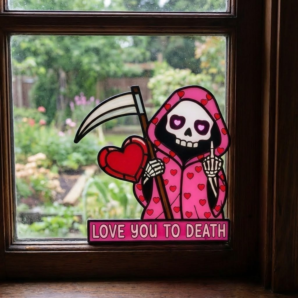 💖Love You To Death Grim Reaper Window Corner Suncatcher | Pastel Goth Valentine's Decor