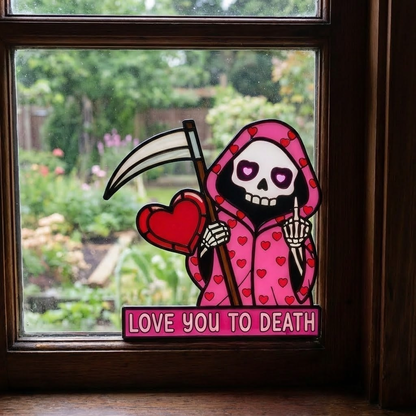 💖Love You To Death Grim Reaper Window Corner Suncatcher | Pastel Goth Valentine's Decor