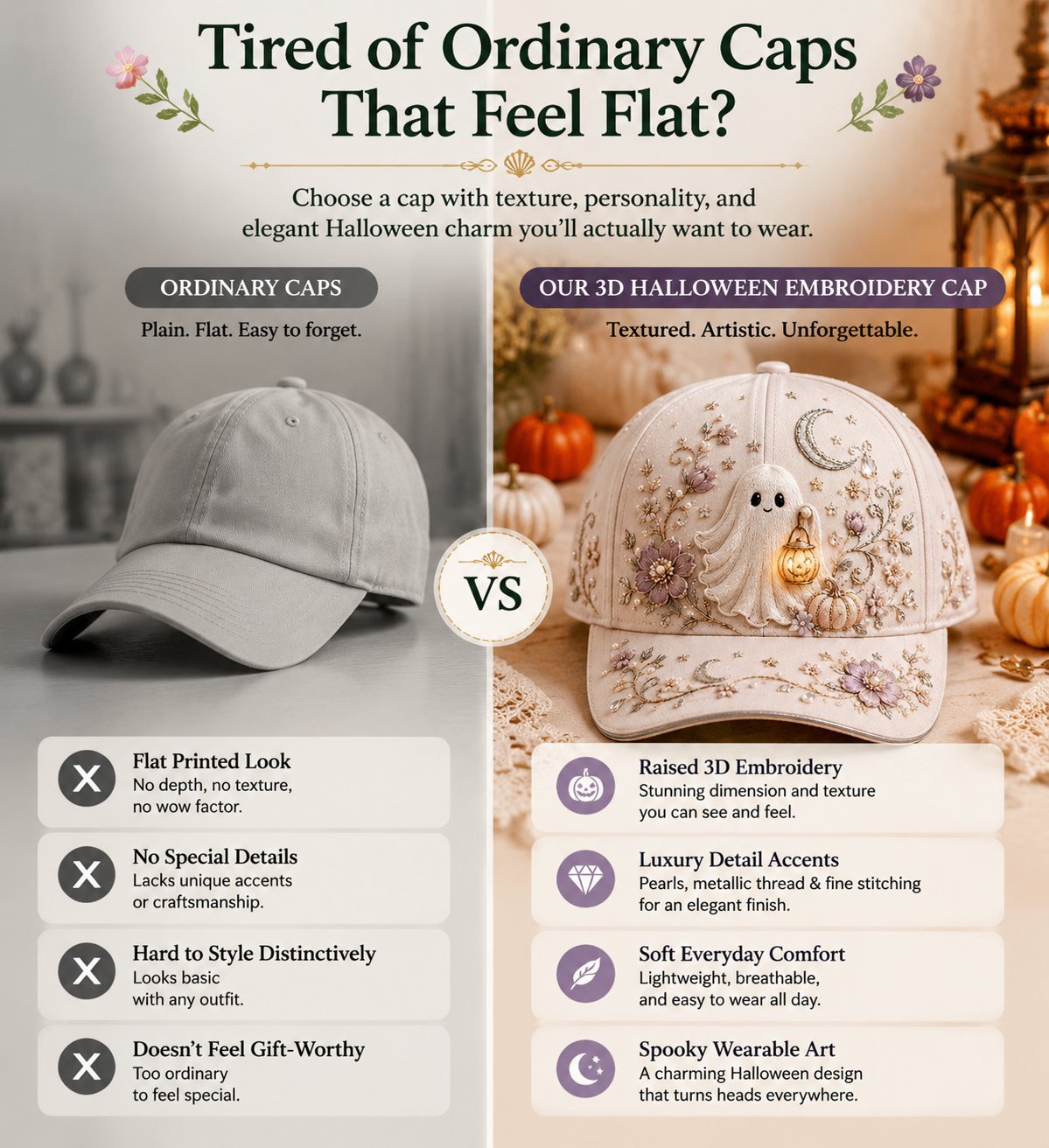 🎃 🎃 3D Halloween Embroidery Cap | Spooky Cute Adjustable Hat for Fall Outfits, Daily Styling & Halloween Parties