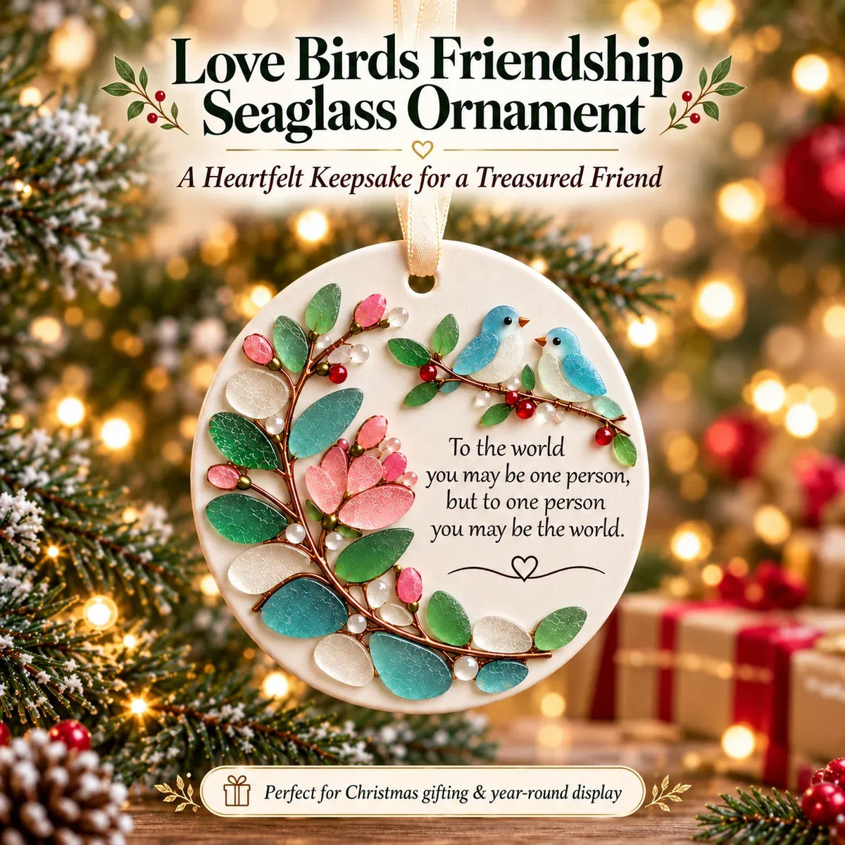 🐦 Love Birds Friendship Sea Glass Ornament 💙 Handcrafted with Dedication