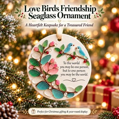 🐦 Love Birds Friendship Sea Glass Ornament 💙 Handcrafted with Dedication