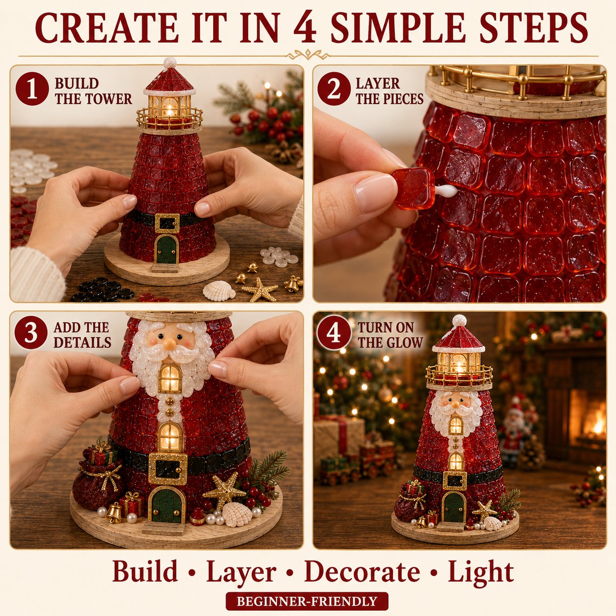 🎅🎅 2026 Christmas Gift 50% Off--🎄Beginner-Friendly DIY Lighted Christmas Character Sea Glass-Style Lighthouse Kit Collection | Complete Kit with Sea Glass-Style Pieces, LED Lights & Step-by-Step Guide Included 💕