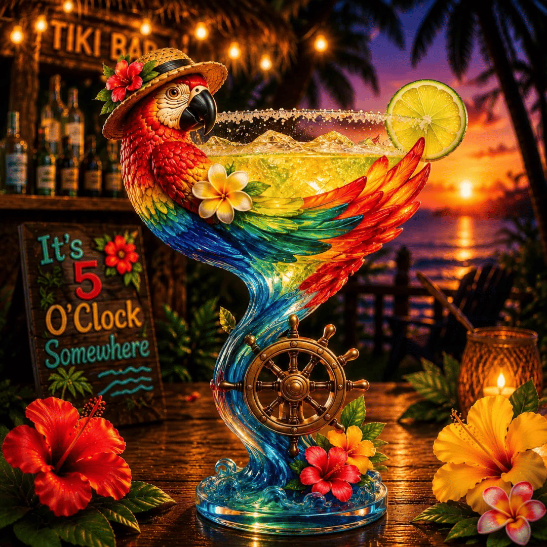 🦜Parrot Paradise Margarita Glass🐢 Tropical Coastal Collector Cocktail Goblet
