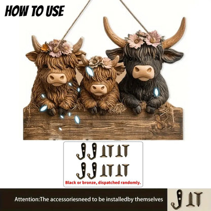 🐮2D- Rustic Highland Cow Wooden Family Key Holder Hanging Ornament with 4 Hooks