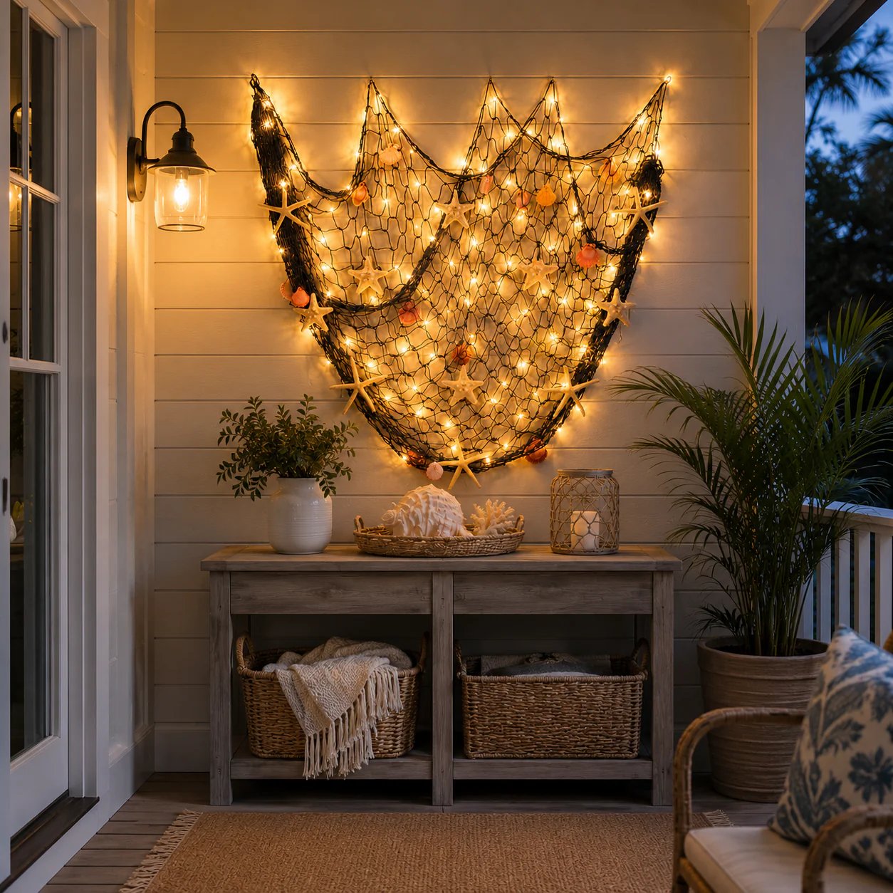 🌊🌊✨ Coastal Fishing Net Wall Hanging with Fairy Lights