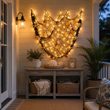 🌊✨ Coastal Fishing Net Wall Hanging with Fairy Lights