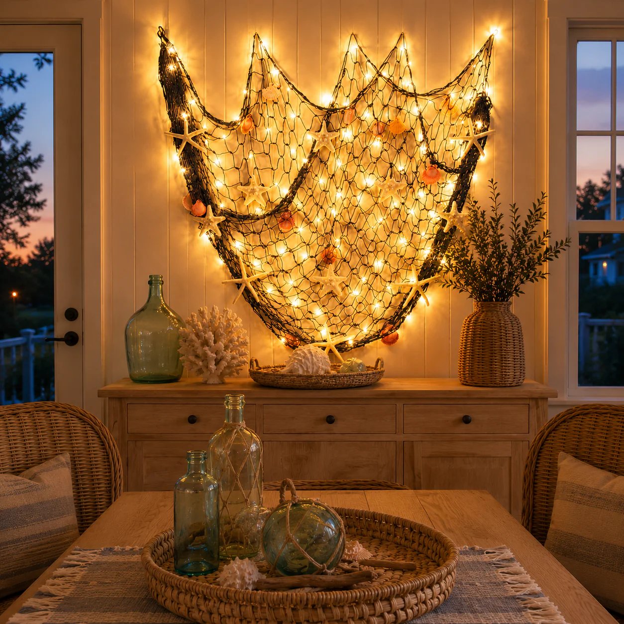 🌊🌊✨ Coastal Fishing Net Wall Hanging with Fairy Lights
