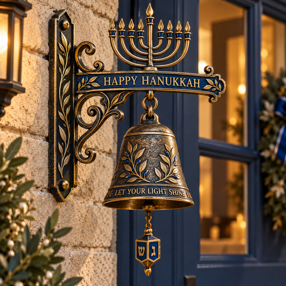 🕎 Hanukkah Dreidel Pull Bell — Let Your Light Shine Antique Door Bell