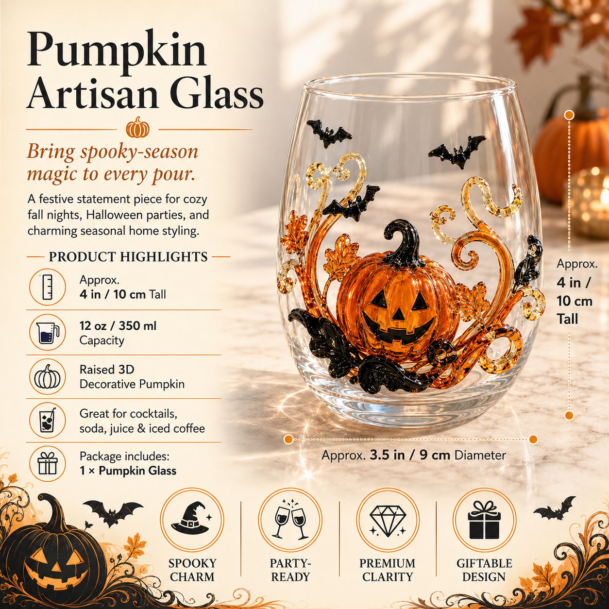 🎃 🎃 3D Halloween Artisan Glassware Collection | For Magical Halloween Sips, Eye-Catching 3D Details, Luminous Festive Party Moments & Cozy Fall Home Bar Glow