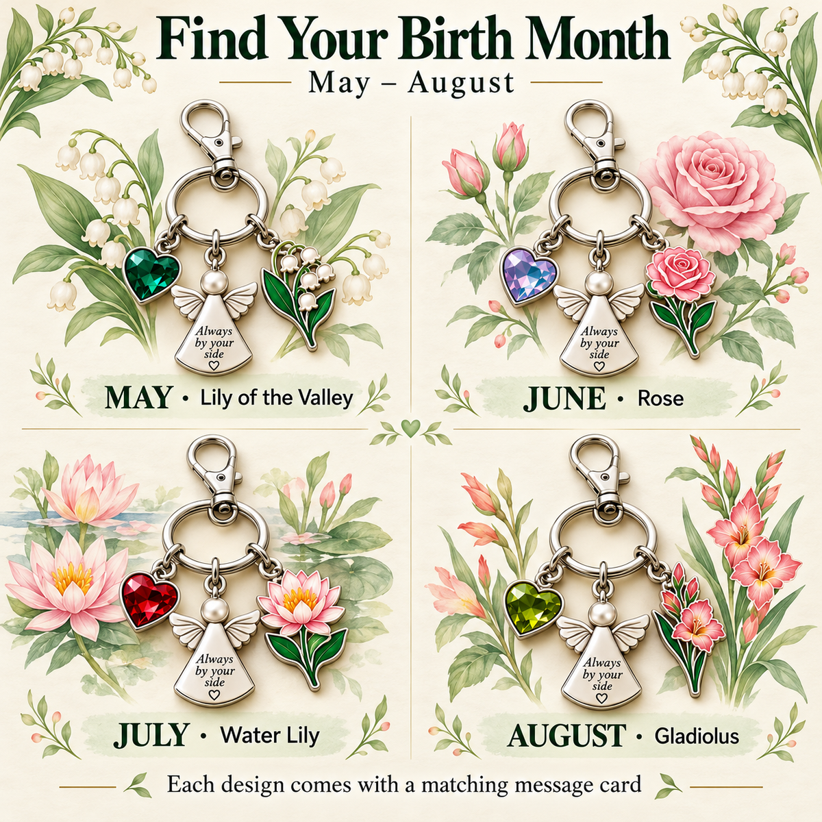 ⏳ Last Day 50% OFF —👼 Always By Your Side: Birth Month Angel & Flower Keychain + Keepsake Card 🌸