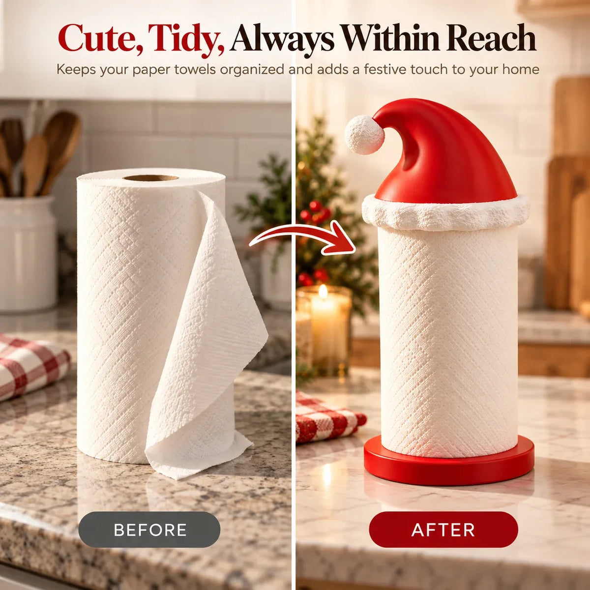 Santa hat paper towel holder keeping a kitchen paper towel roll organized