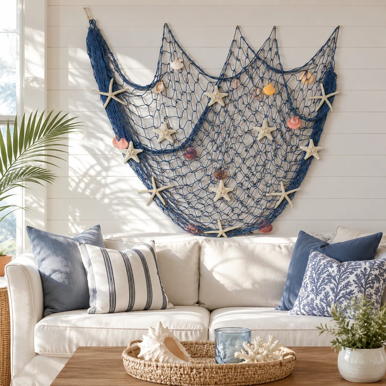 🌊🌊✨ Coastal Fishing Net Wall Hanging with Fairy Lights