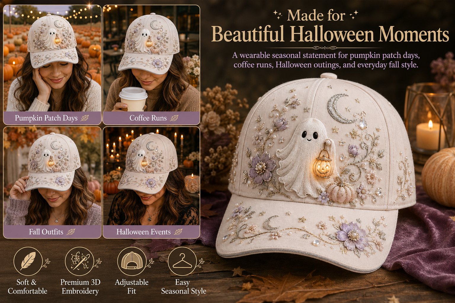 🎃 🎃 3D Halloween Embroidery Cap | Spooky Cute Adjustable Hat for Fall Outfits, Daily Styling & Halloween Parties