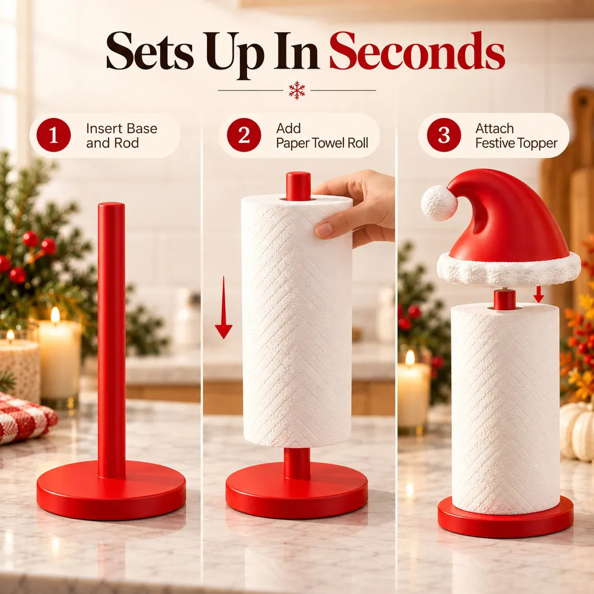 Assembly guide showing the base, center rod, paper towel roll, and Santa hat topper
