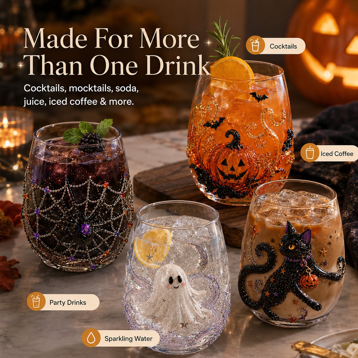 🎃 🎃 3D Halloween Artisan Glassware Collection | For Magical Halloween Sips, Eye-Catching 3D Details, Luminous Festive Party Moments & Cozy Fall Home Bar Glow