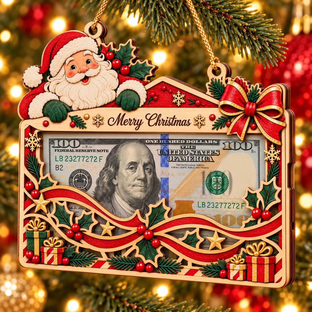🎄 Wooden Christmas Cash Gift Holder Ornament