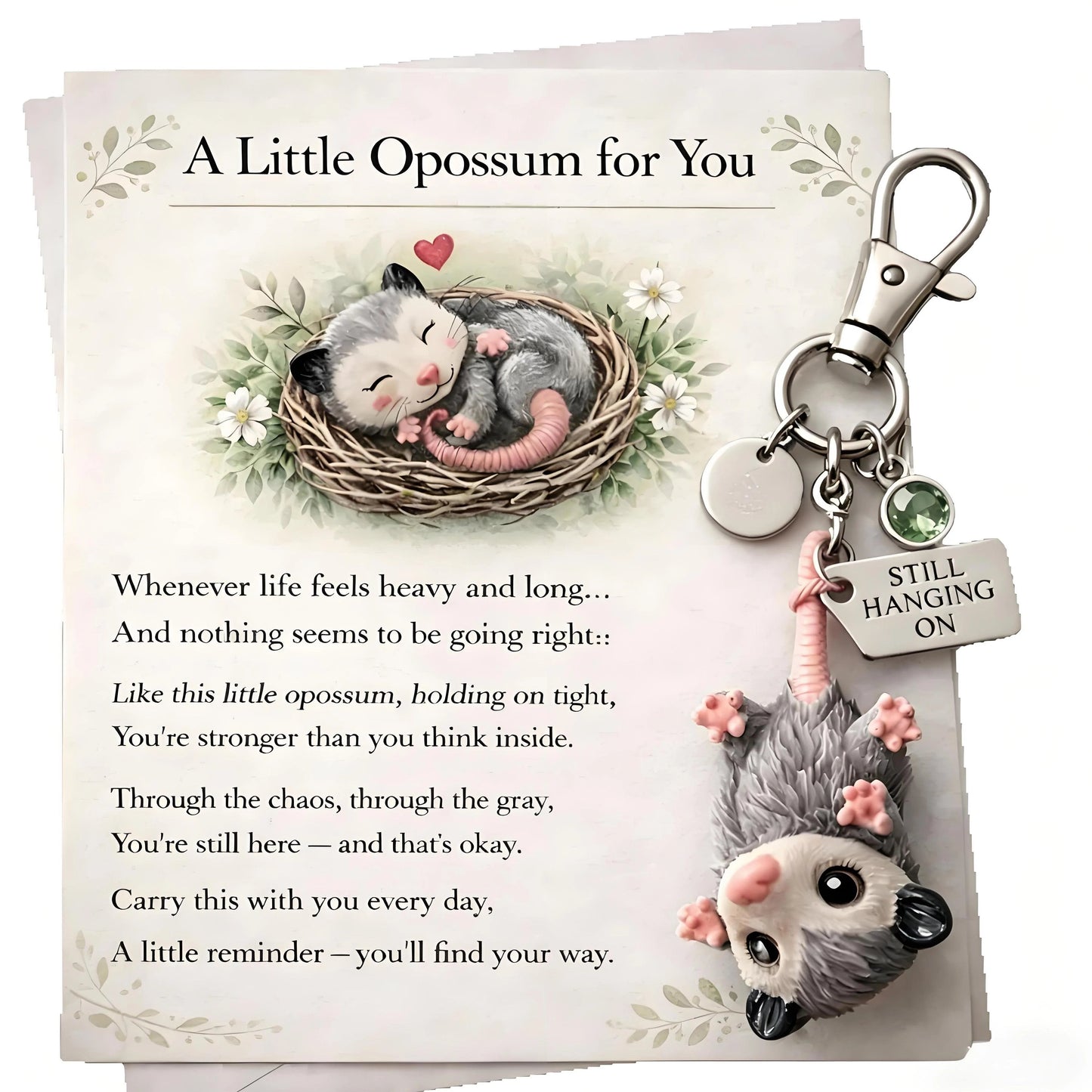 🐁🐁A Little Opossum for You - --2D Style "Still Hanging On" Keychain & Sentiment Card Set