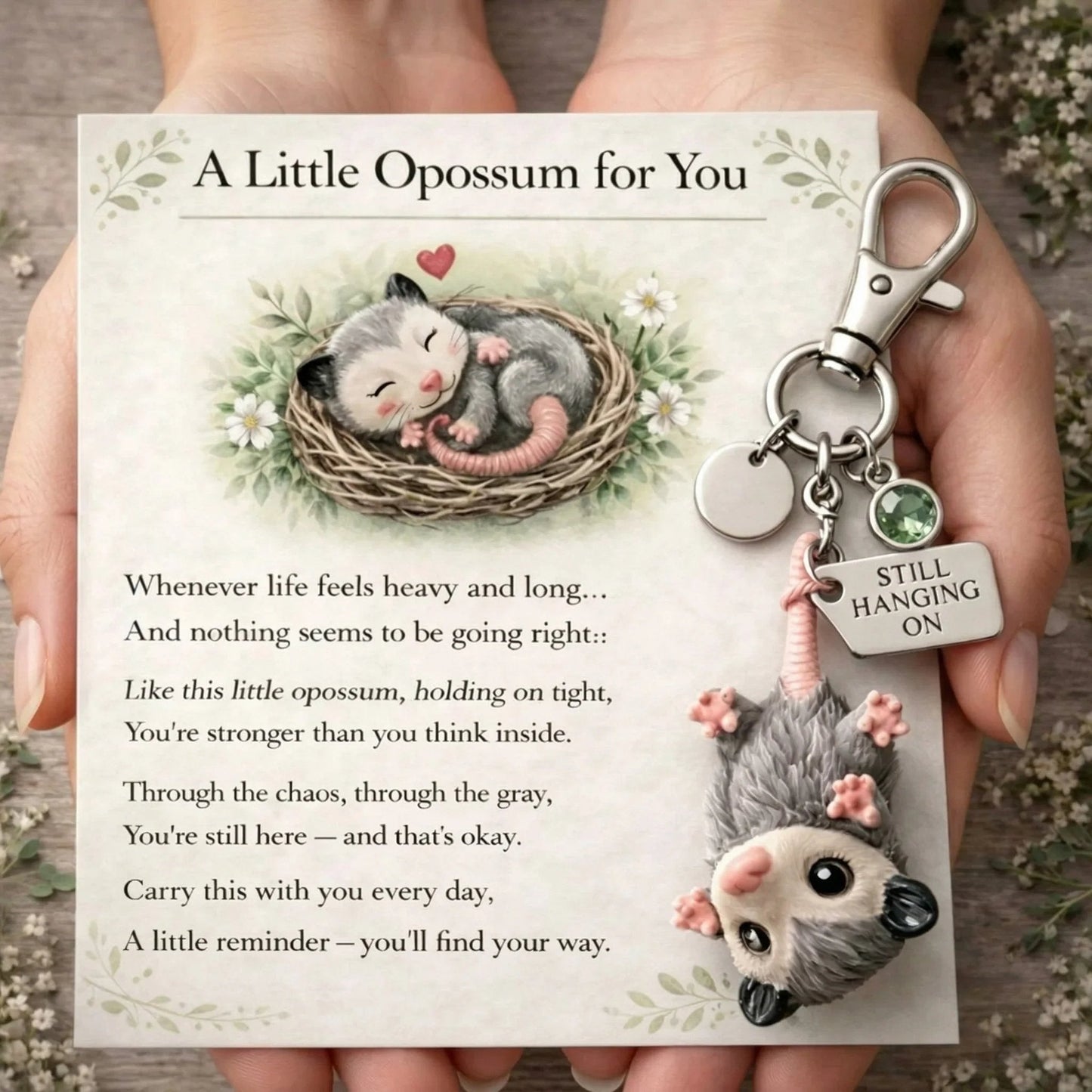 🐁🐁A Little Opossum for You - --2D Style "Still Hanging On" Keychain & Sentiment Card Set