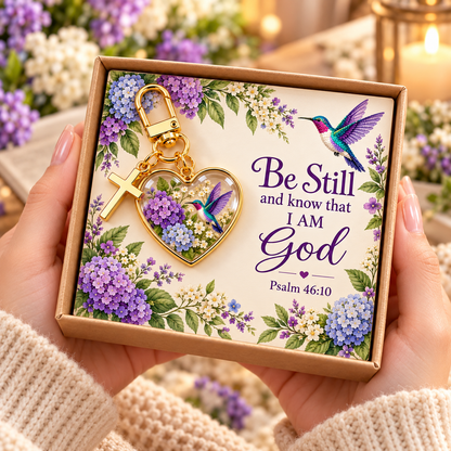 💜✝️ Be Still & Know That I Am God Hummingbird Faith Keychain — Psalm 46:10